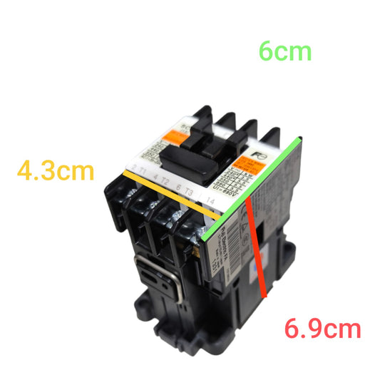 Electrical contactor with dimensions labeled on a white background