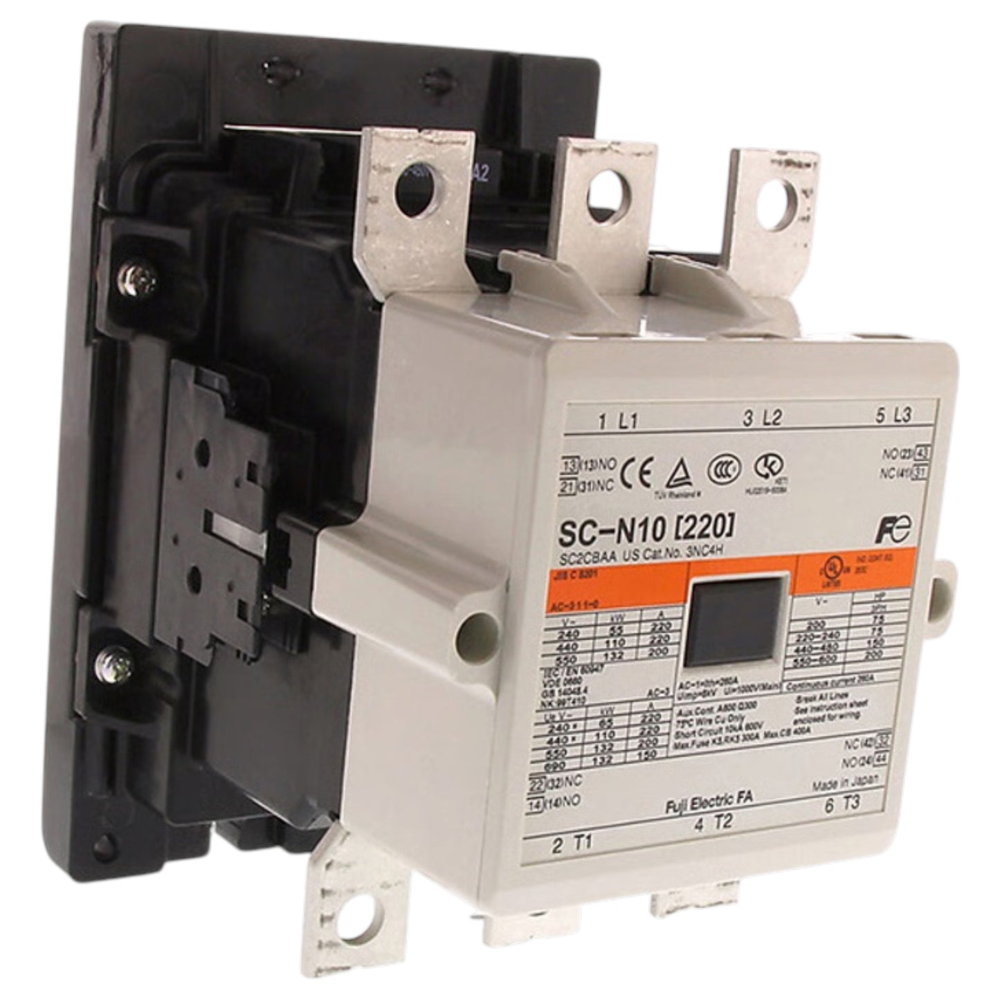 A molded plastic thermal overload relay, model SC-N10 [L2201], featuring a black mounting base, a light gray housing, and a white front faceplate with technical specifications and an orange safety label.