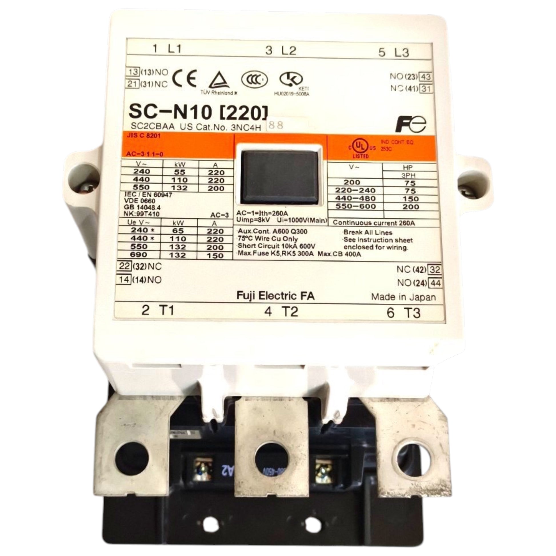 A Fuji Electric SC-N10 [220] AC-DC isolation fuse holder with a white plastic housing, orange and black printed specifications on the front, and three metal terminal blocks at the bottom.