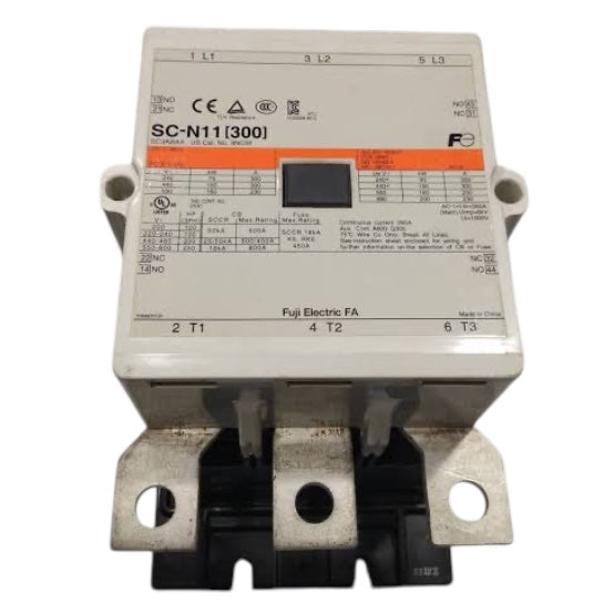 A Fujin Electric SC-N11 [300] contactor auxiliary power module, featuring a white plastic housing, printed technical specifications, an orange safety label, and three metal terminal blocks at the bottom.