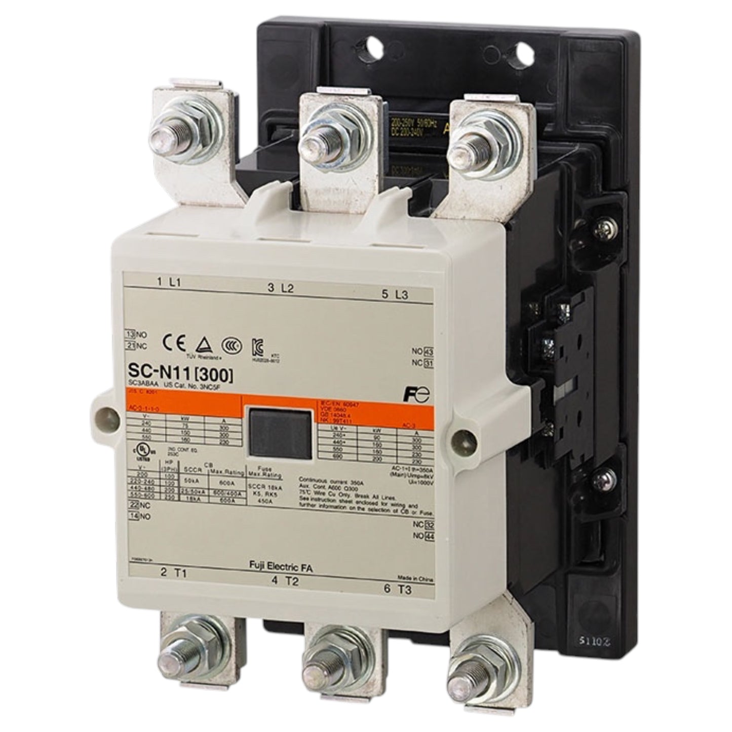A Schneider Electric contactor, model SC-N111300J, featuring a white front panel with technical specifications, an orange label, and a black rear housing with terminal blocks.