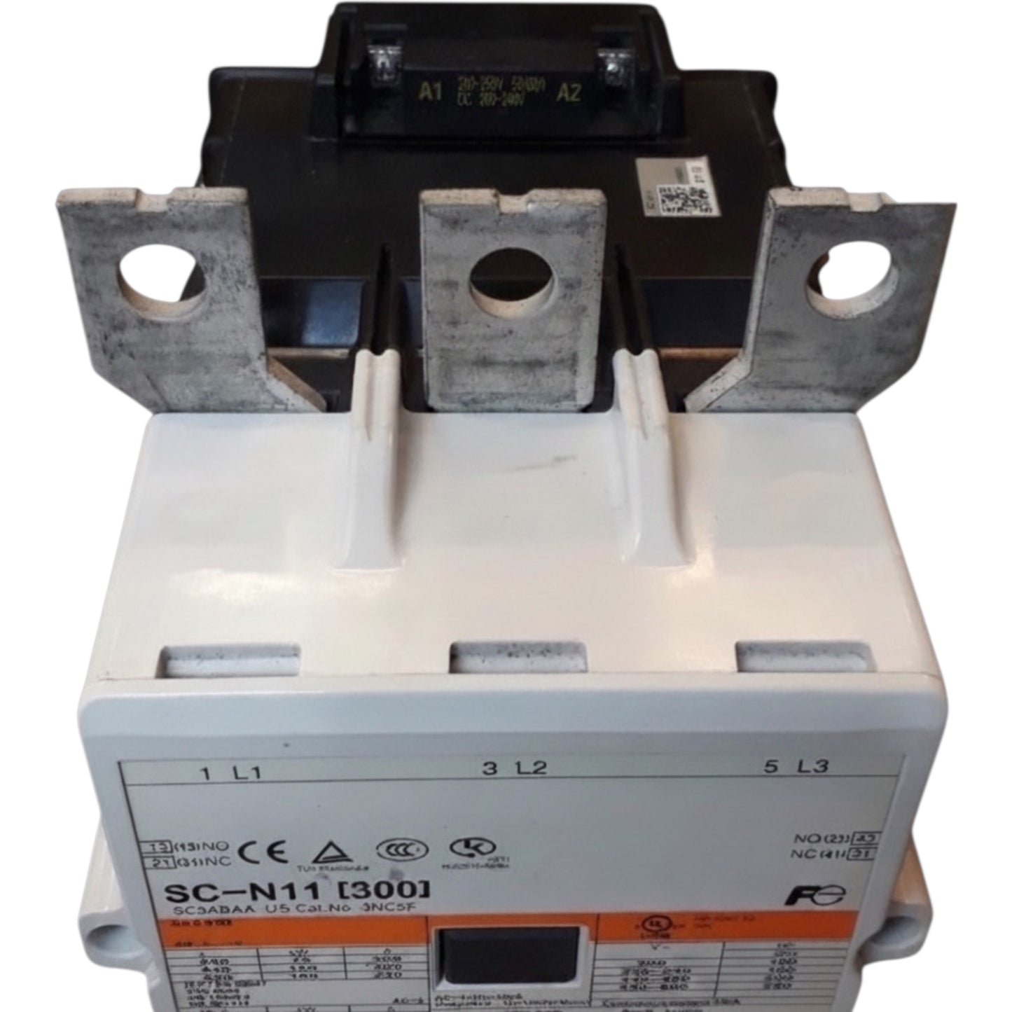 A Schneider Electric SC-N11 (3001) molded circuit breaker with a white plastic housing, gray metal terminal bars, and a black top cover, shown on a white background.