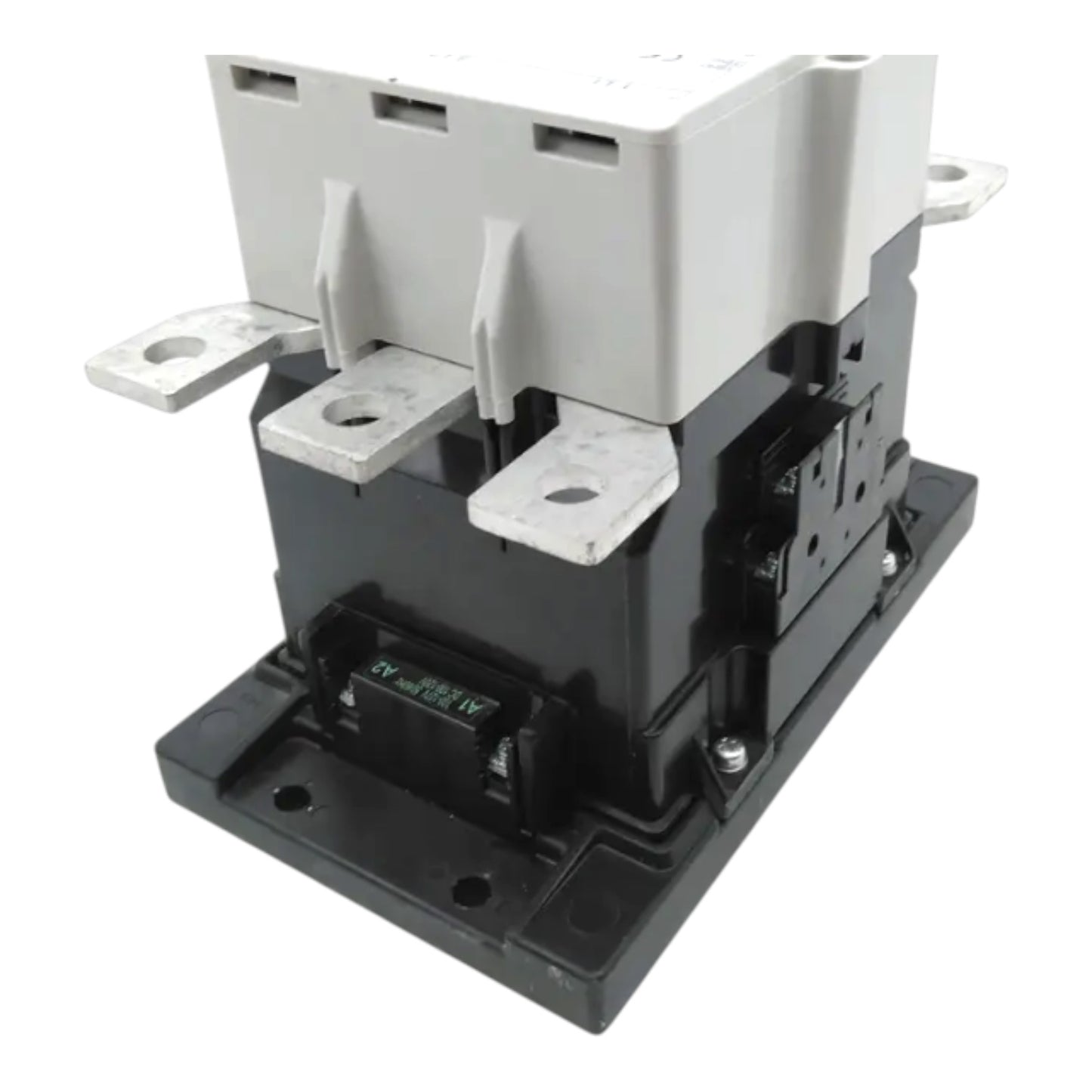 An industrial electrical contactor or relay component with a black plastic base and a light gray top housing, shown on a plain white background.