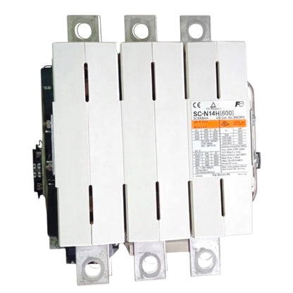 A three-pole industrial contactor relay with a white plastic housing, metal terminal strips, and a technical specification label on the right side.