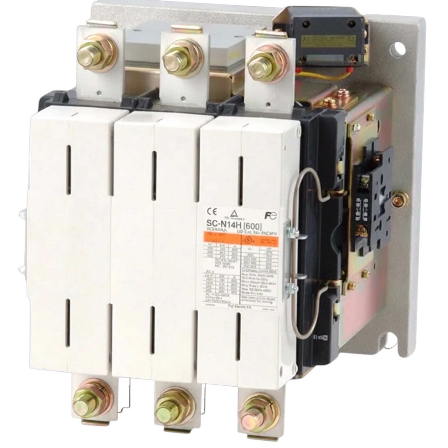 A three-phase industrial contactor relay with white front panels, brass terminal screws, and a metal mounting bracket, shown on a plain white background.