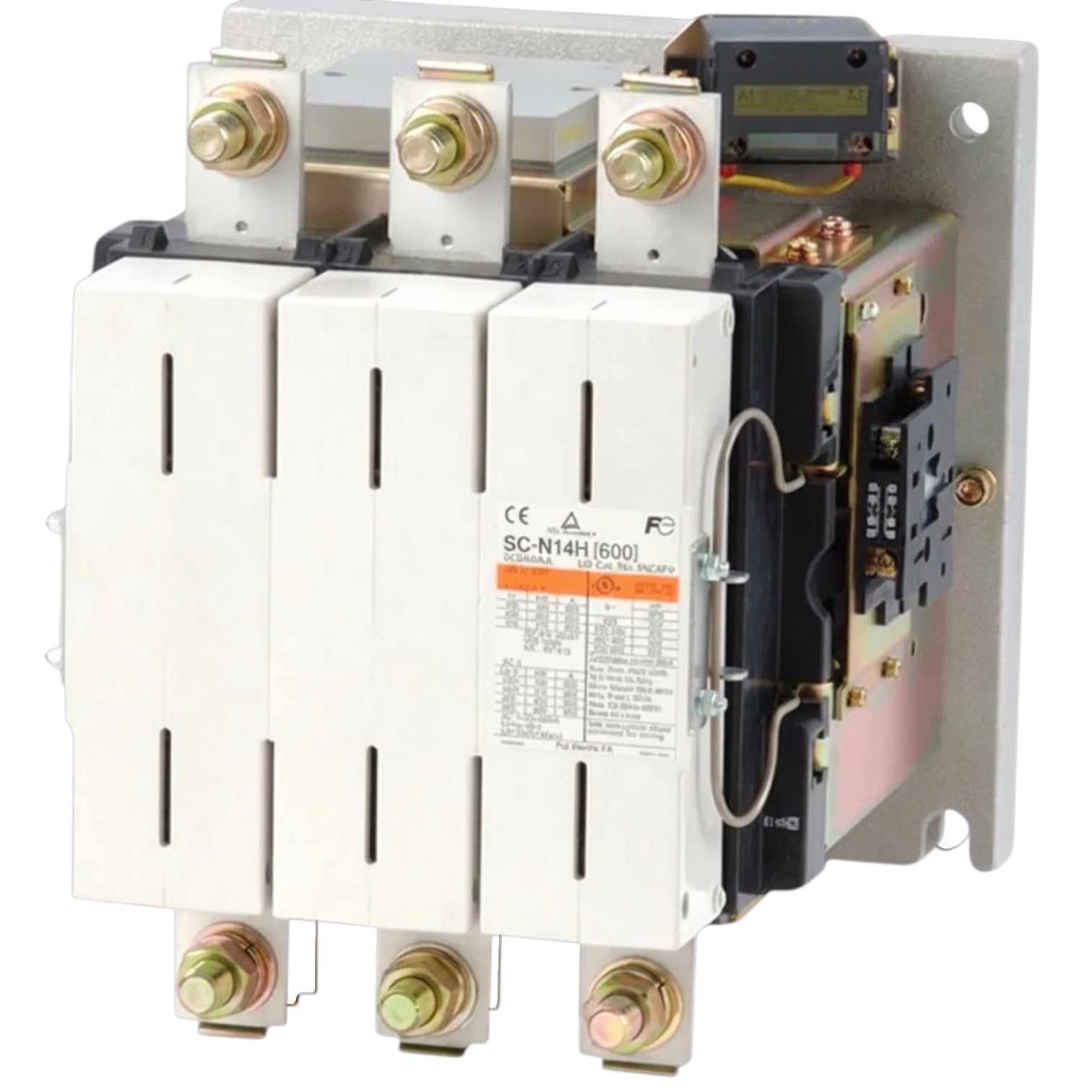 A three-phase industrial contactor relay with white front panels, brass terminal screws, and a metal mounting bracket, shown on a plain white background.
