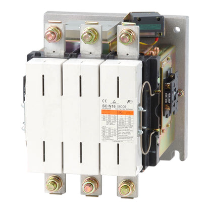 A three-phase industrial contactor relay, model SC-N16 800I, featuring three white front panels, brass terminal screws, and a visible internal coil mechanism on a white background.