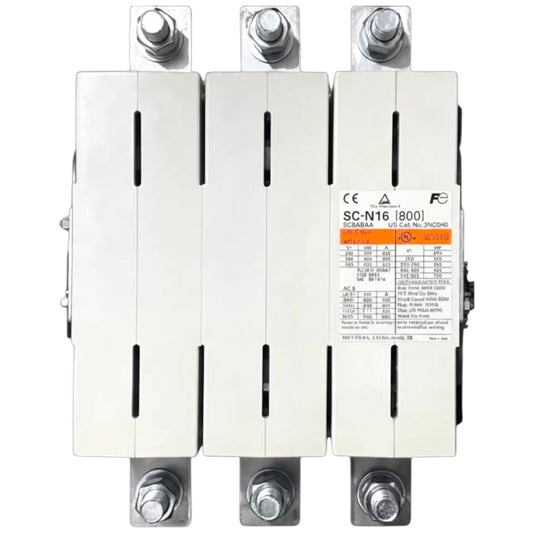 A three-pole industrial circuit breaker with a white plastic housing, silver metal terminal blocks with mounting bolts, and a detailed technical label on the right side.