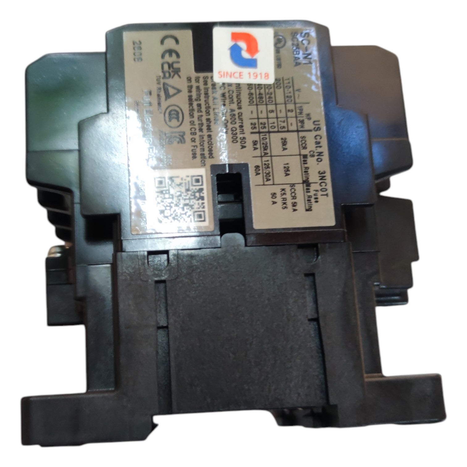 Black electrical contactor with visible branding and certification logos on a white background