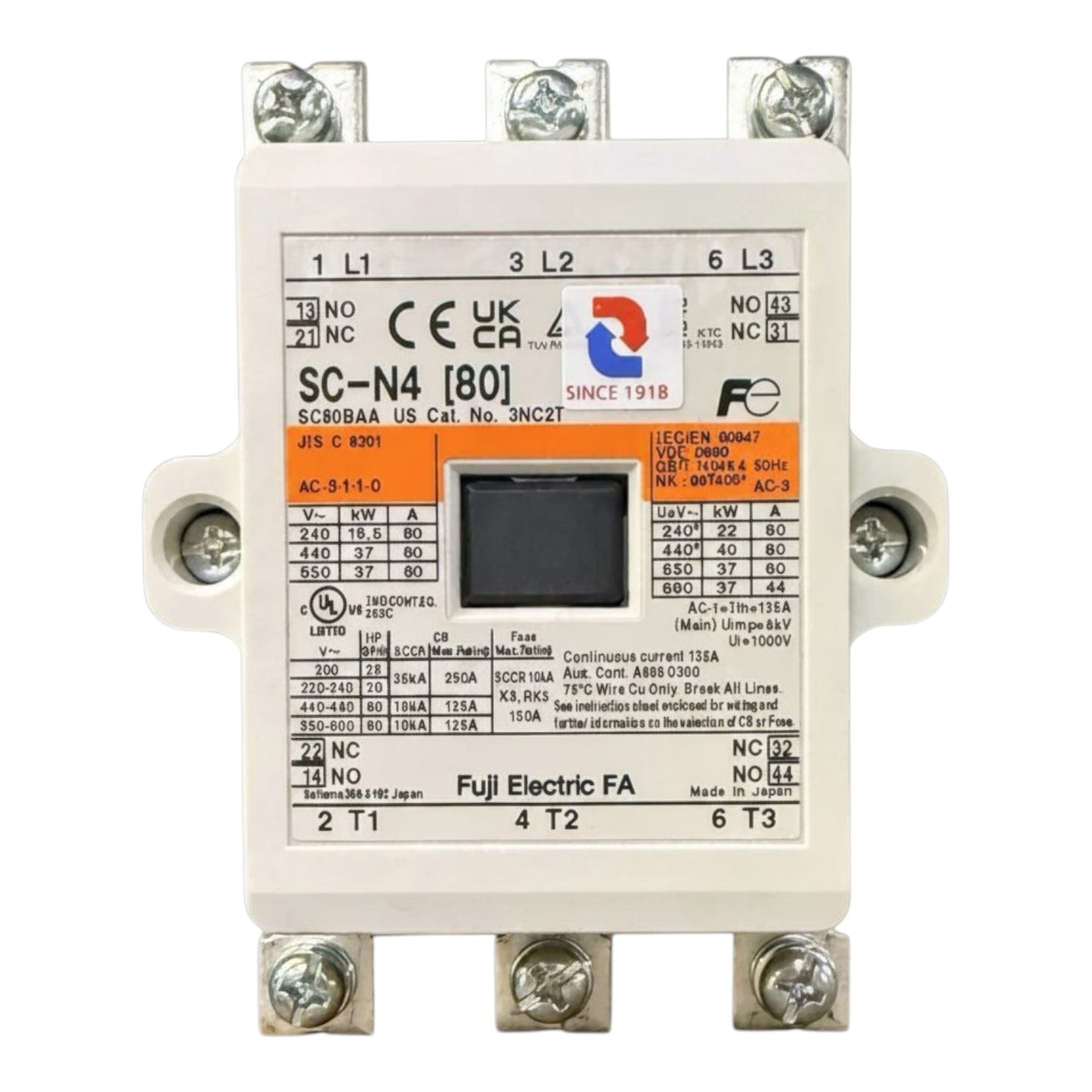 Fuji Electric electrical component with label and certification logos on a white background