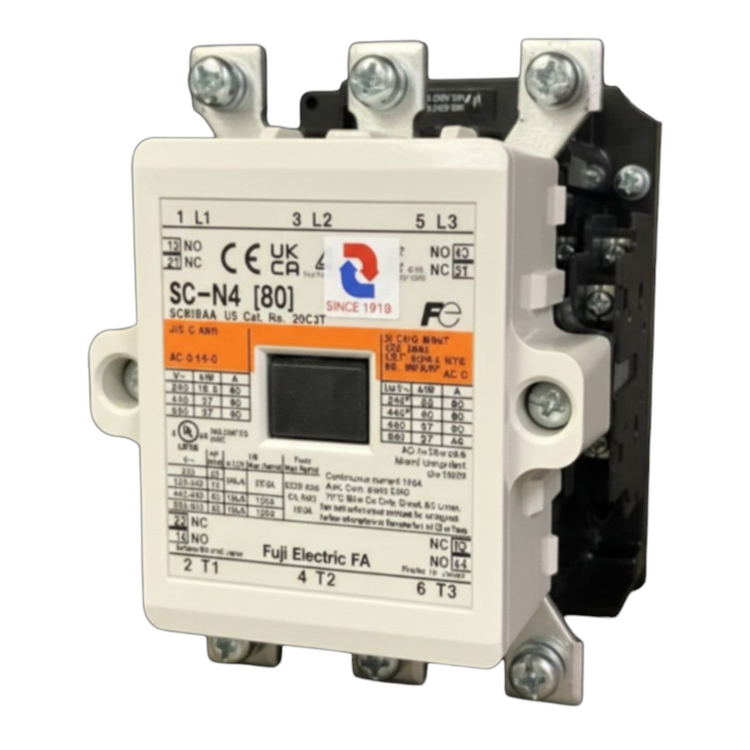 Electrical contactor with visible branding on a white background
