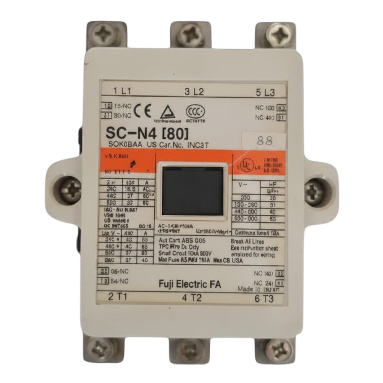Electrical component with labels and specifications on a white background