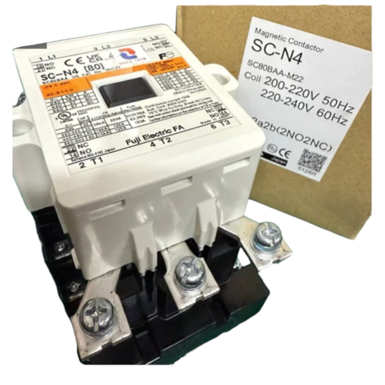 Magnetic contactor with technical label and certification marks on a white background