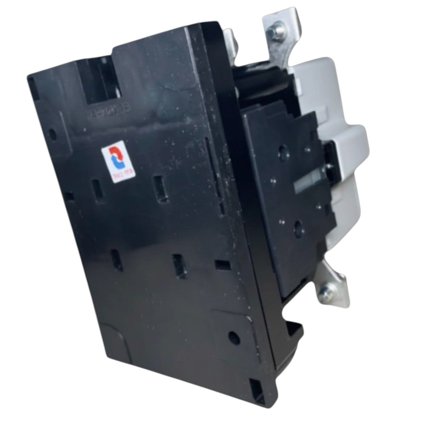 Black electrical contactor with a visible brand logo on a white background