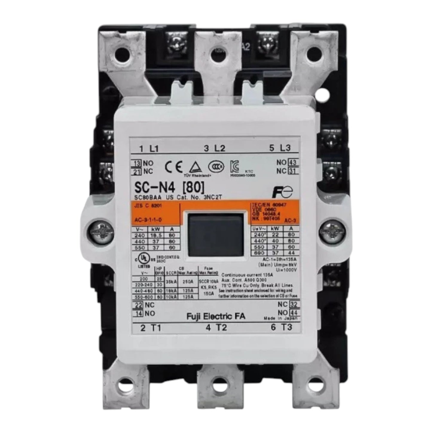 Electrical contactor with technical specifications on a white background