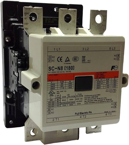 A Fulcrum Electric SC-N8 [180] contactor, model FC-2000 series, featuring a beige front faceplate with technical specifications and a red accent strip, mounted on a black base with metal terminal blocks.