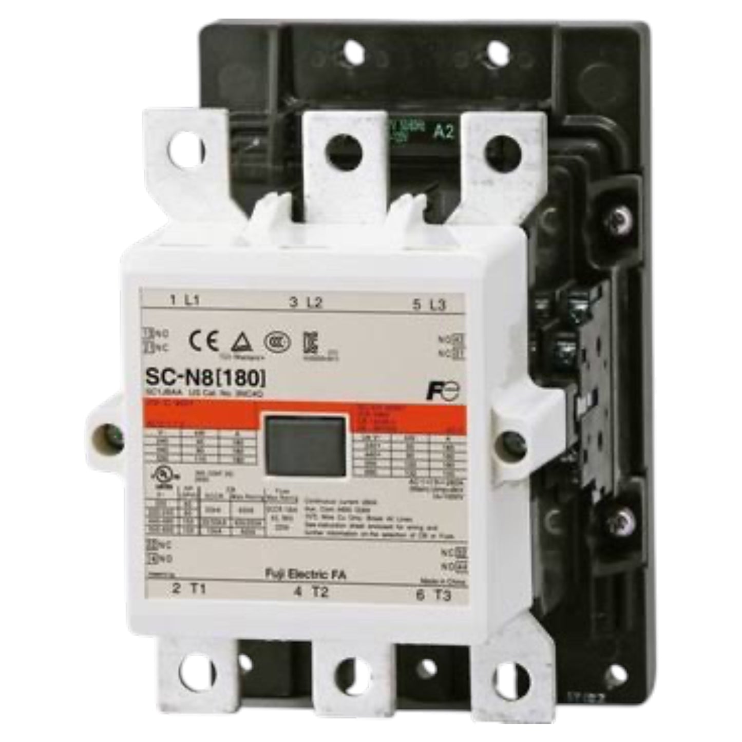 Fuj Electric SC-N8[180] contactor relay with a white front panel, orange and red label accents, and a black internal frame, shown on a white background.