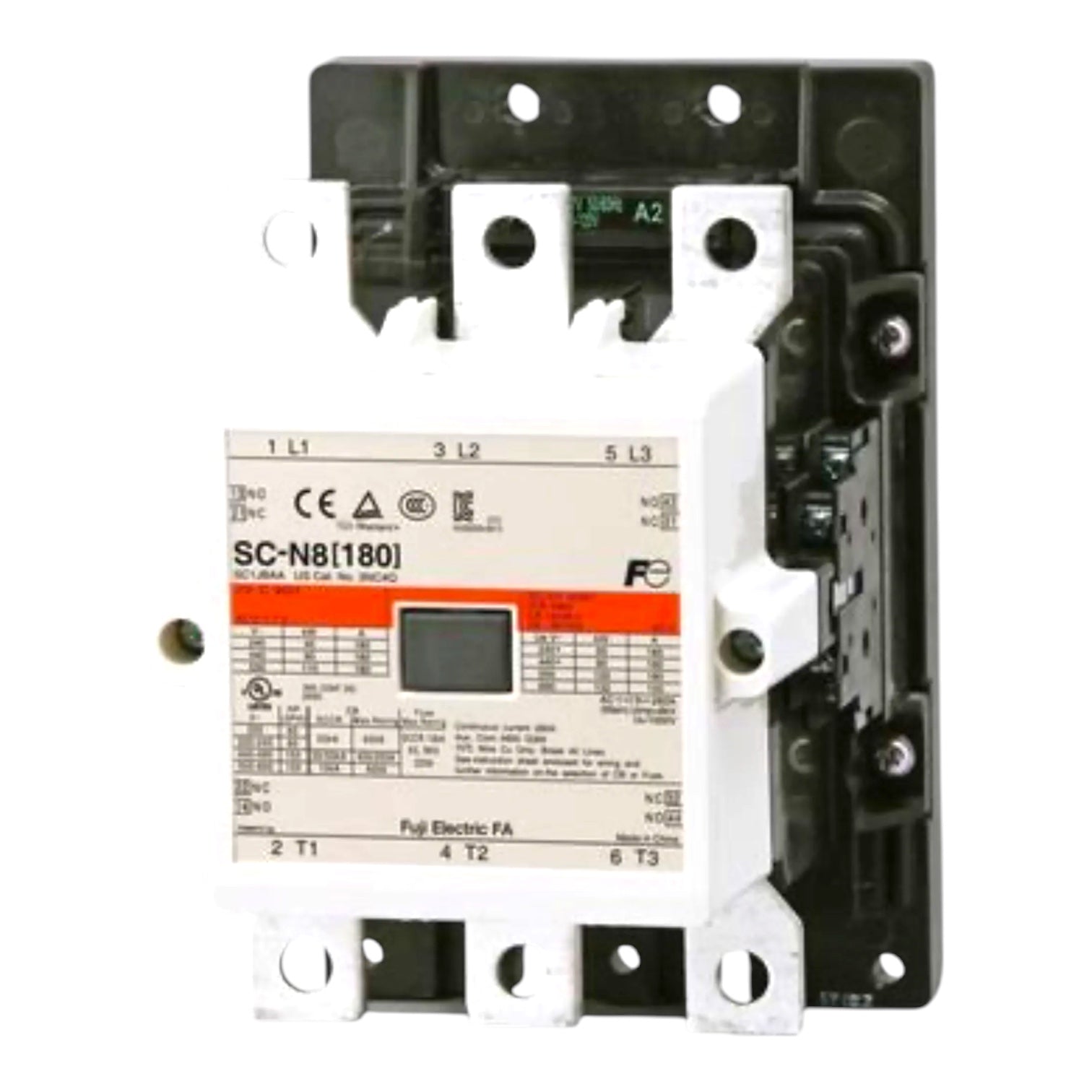 A molded electronic thermal overload relay, model SC-N8(180), featuring a white front panel with technical specifications, an orange horizontal stripe, and a black rear housing, shown against a plain white background.