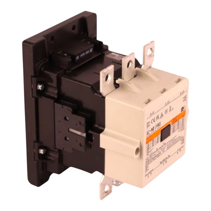 An industrial electrical contactor or relay component with a black plastic body and a beige terminal housing, shown on a plain white background.