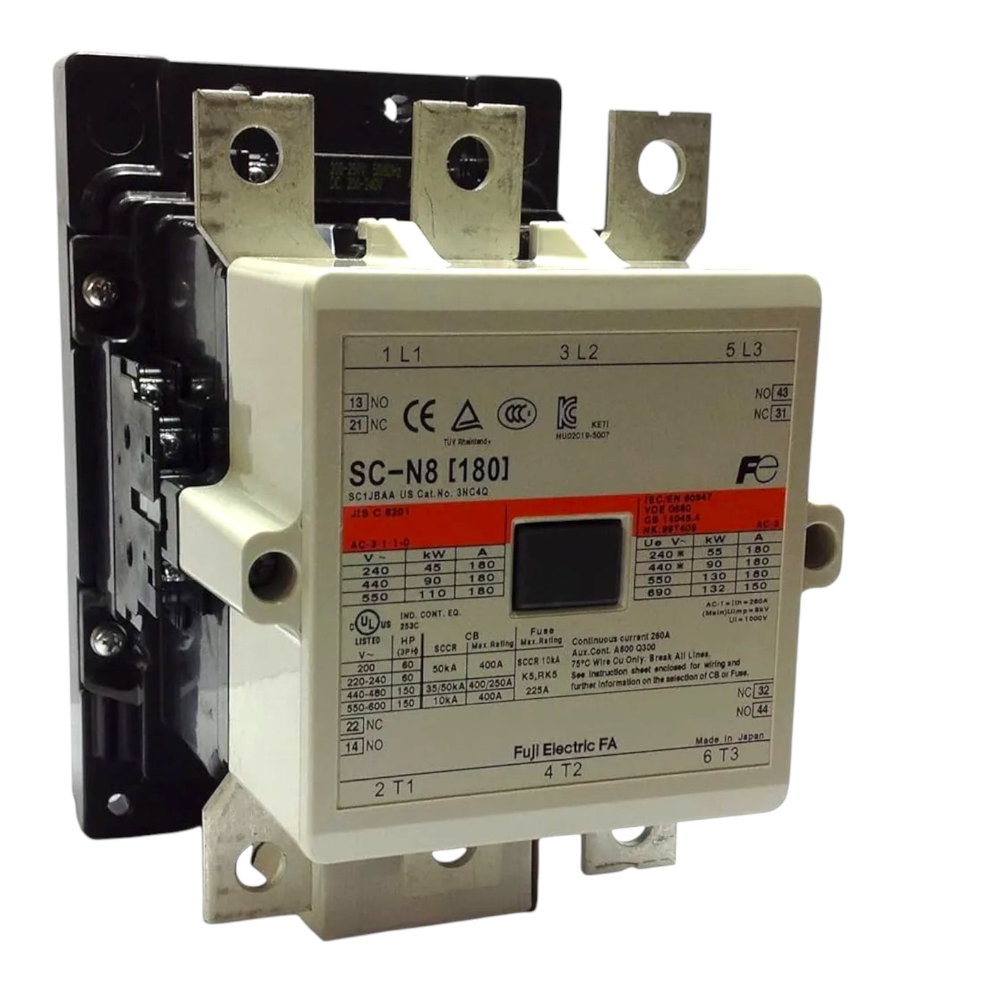 A Fuji Electric FA SC-N8 (1801) contactor, a three-phase electrical component, featuring a beige front faceplate with technical specifications, a red warning label, and a black internal mechanism visible on the left, set against a plain white background.