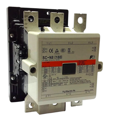 A Fuji Electric FA SC-N8 (1801) contactor, a three-phase electrical component, featuring a beige front faceplate with technical specifications, a red warning label, and a black internal mechanism visible on the left, set against a plain white background.