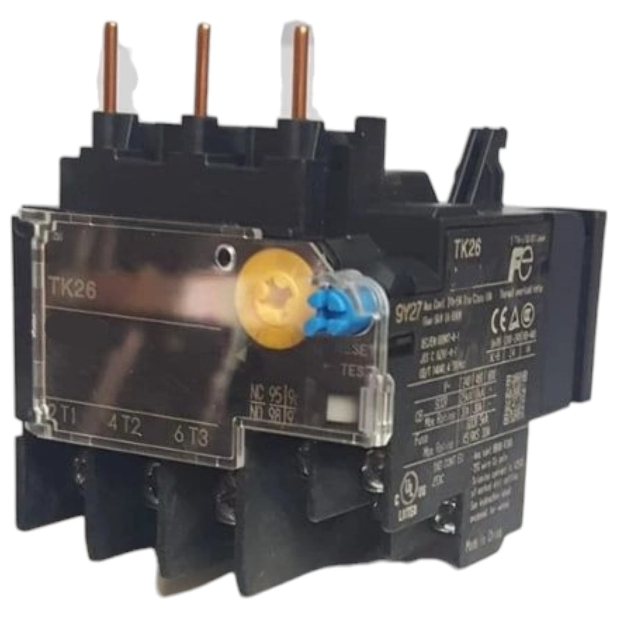 A black electrical contactor relay with copper-colored terminal posts, a clear protective cover, and a small blue plastic component, photographed on a plain white background.