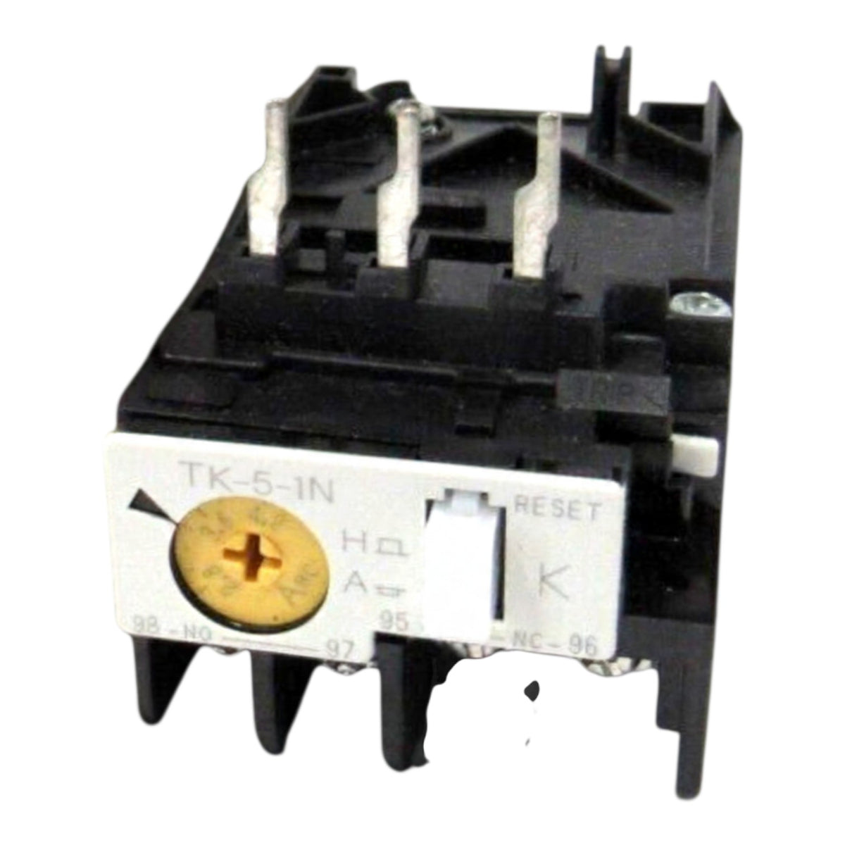 A black plastic thermal overload relay with a white front label, featuring a gold-colored dial, three metal terminal posts, and a reset switch.