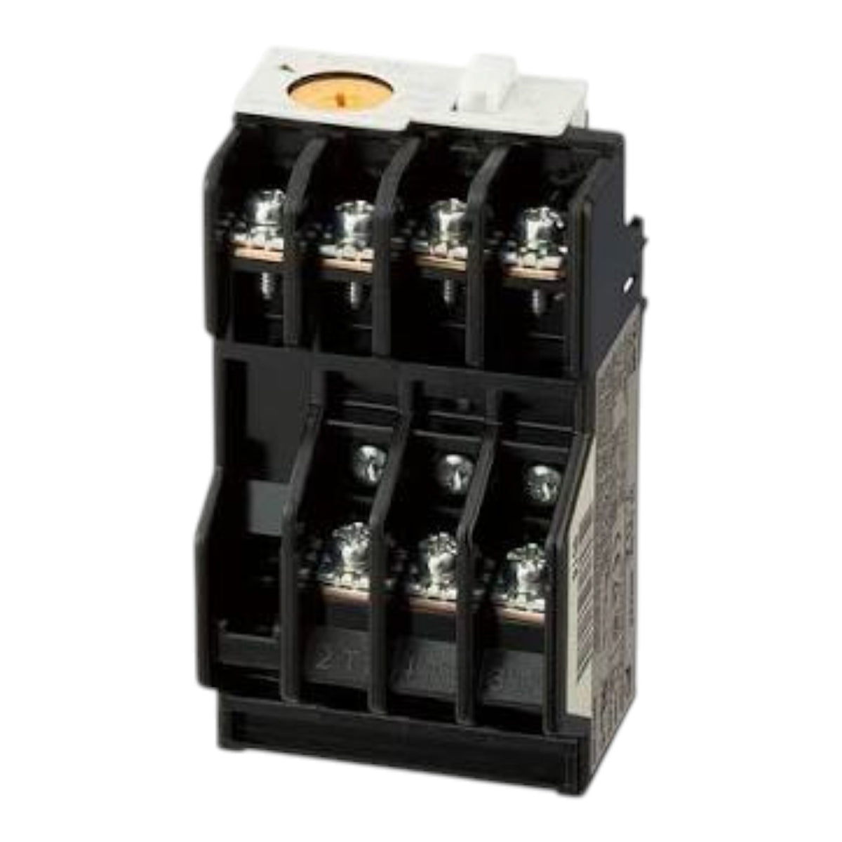 A black electrical contactor with six terminal screws, a white top cover, and a small orange indicator window, shown on a plain white background.