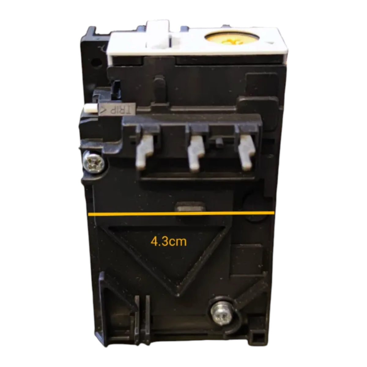 A black electrical contactor or relay component with silver screws and terminal blocks, featuring a yellow stripe and '4.3cm' text overlay on a white background.