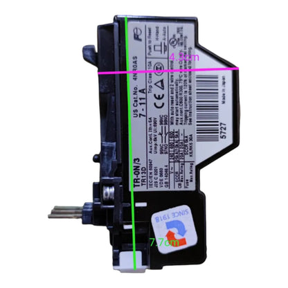 A black electrical contactor or relay component with a white technical label, shown on a plain white background with pink and green measurement lines overlaid on the product.