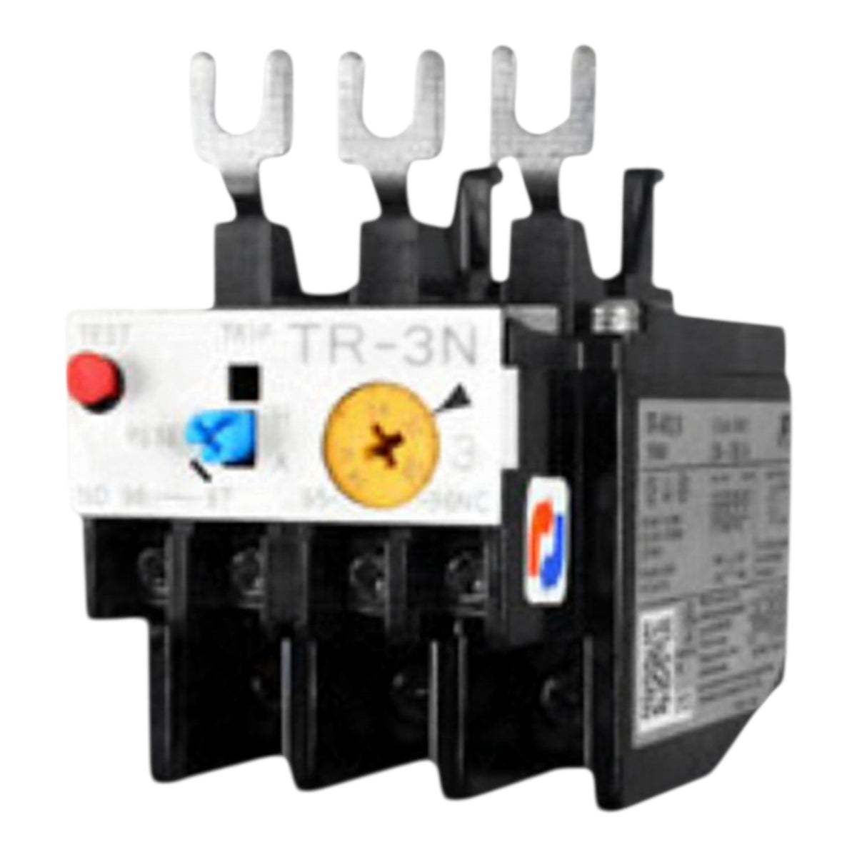 A black and white thermal overload relay electrical component with four silver metal terminal clips, a red reset button, a blue adjustment button, and a yellow dial, shown on a plain white background.