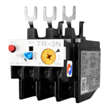 A black and white thermal overload relay electrical component with four silver metal terminal clips, a red reset button, a blue adjustment button, and a yellow dial, shown on a plain white background.