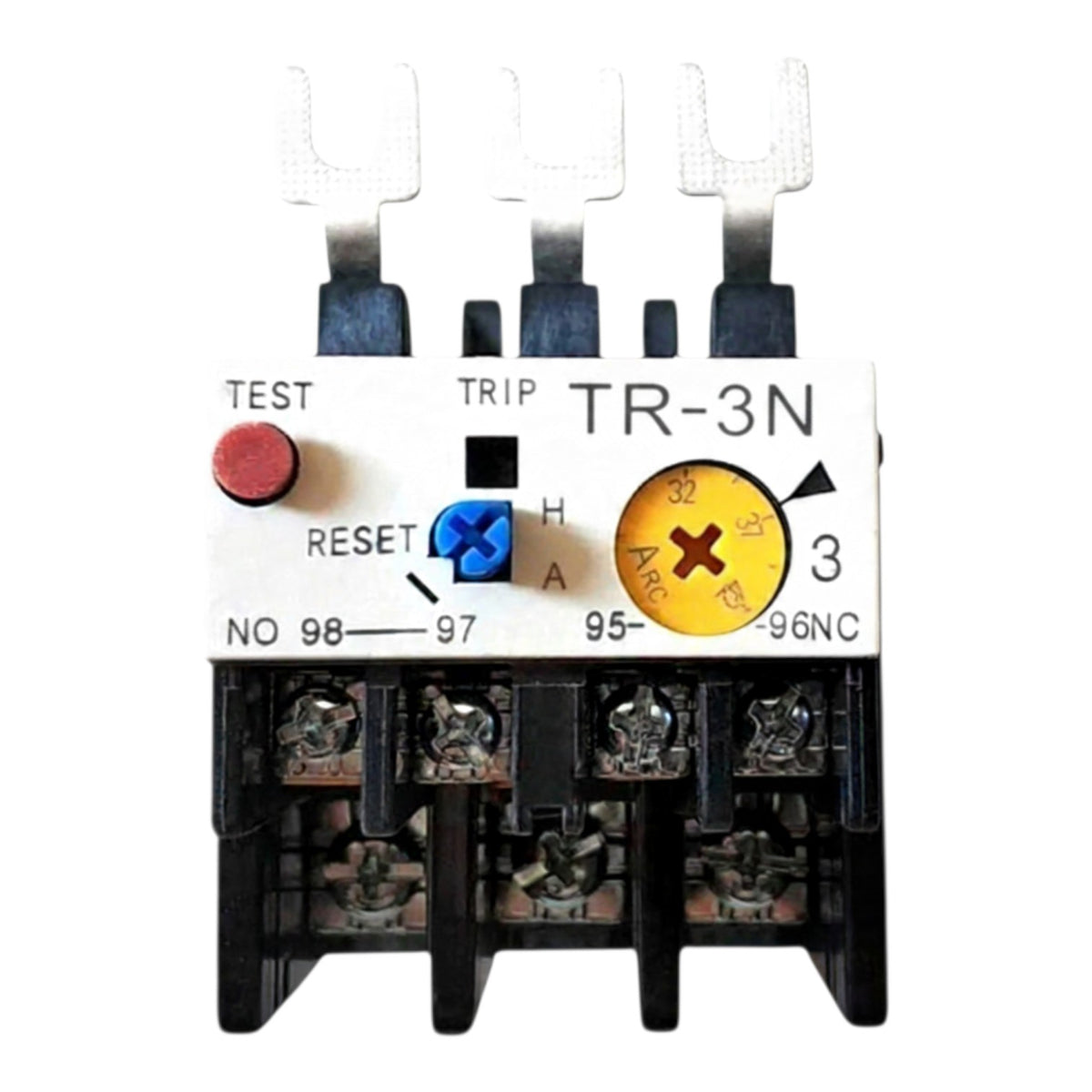A TR-3N thermal overload relay contactor with a white front faceplate, black plastic housing, silver metal terminal bars, a red test button, and a yellow reset dial, shown on a plain white background.