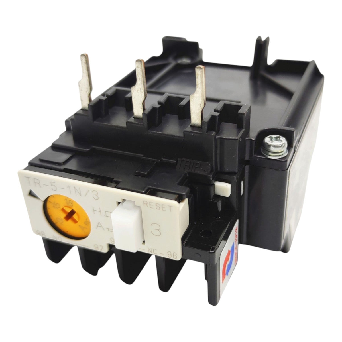 A black plastic thermal overload relay contactor with three metal terminals, a white reset button, and an orange thermal element, shown on a white background.
