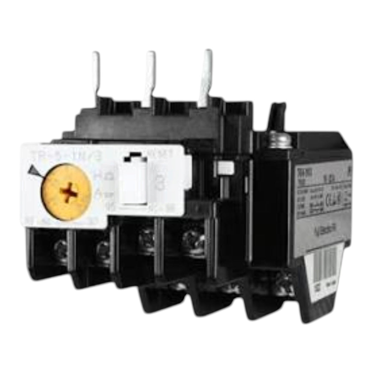 A black and white thermal overload relay with a yellow circular dial, shown on a plain white background.