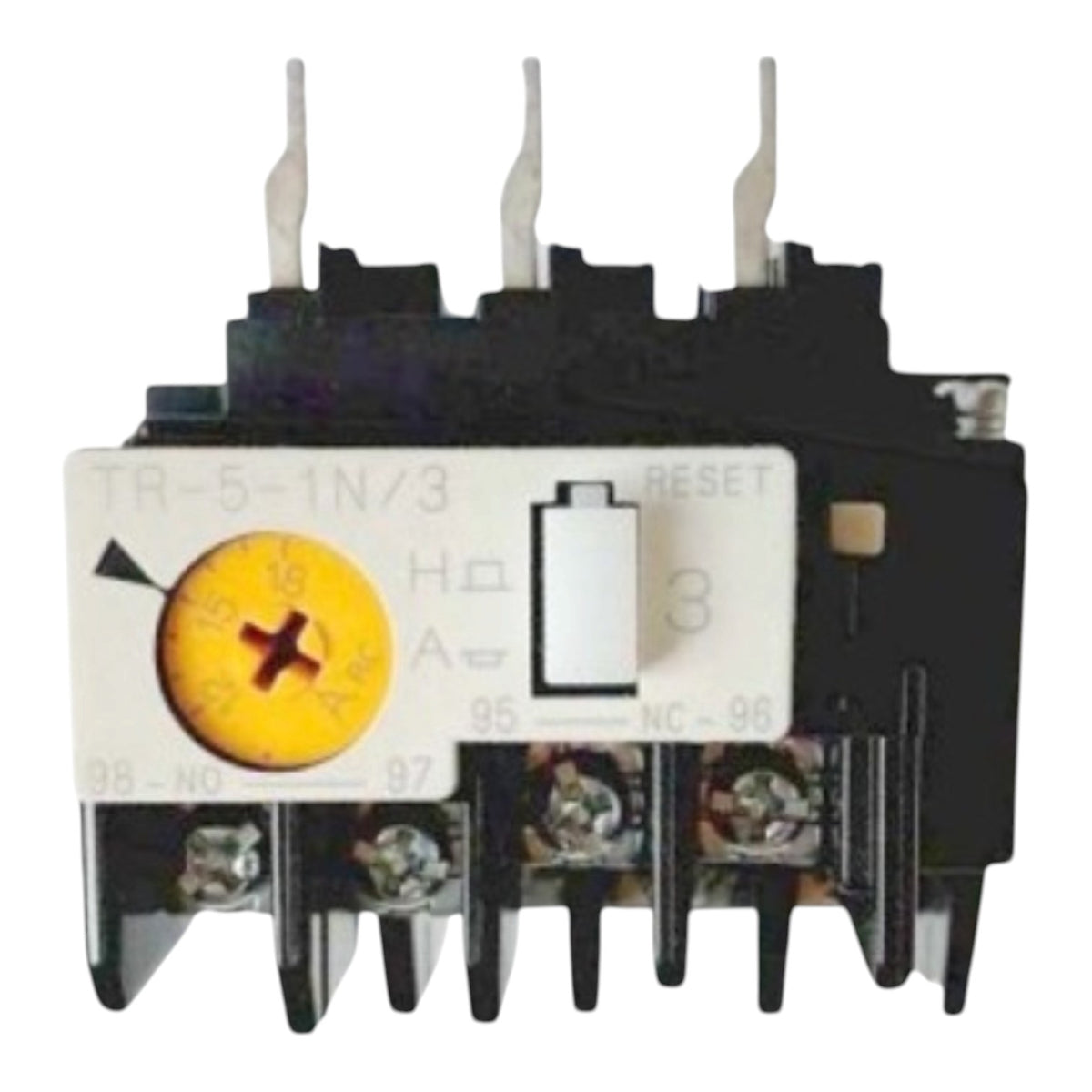A black and white thermal overload relay component with a yellow temperature dial and metal terminal posts, shown on a plain white background.