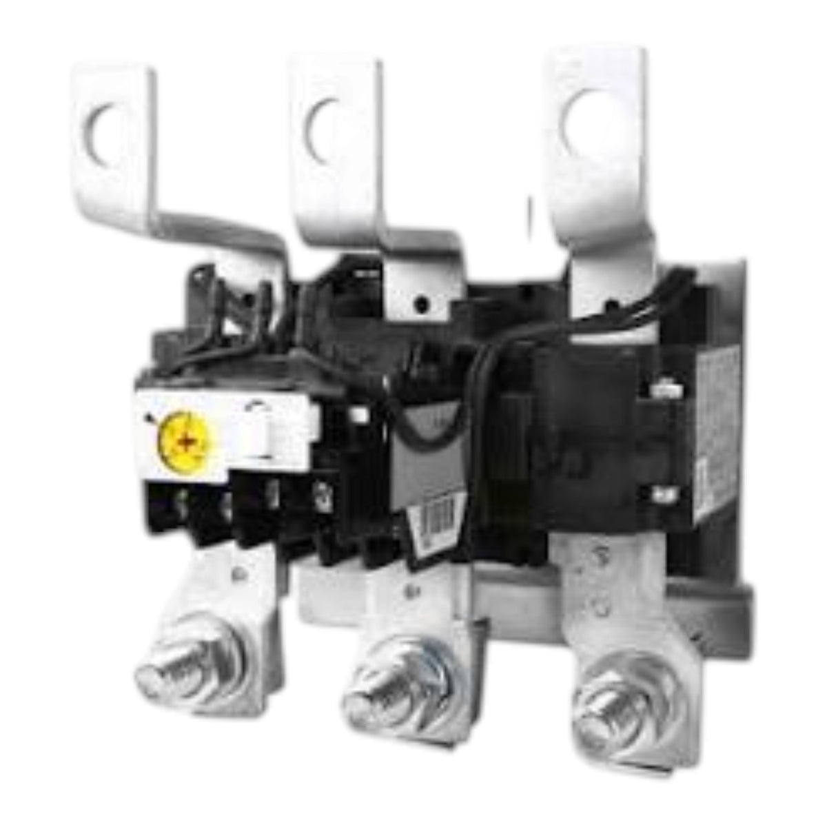 A three-phase electrical contactor or relay component with silver metal terminal blocks, black internal mechanism, and a small yellow circular indicator, shown on a plain white background.