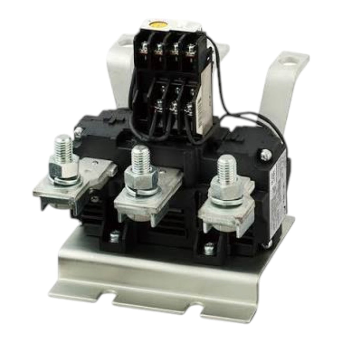 An industrial electrical contactor or relay component with a black main body, silver metal terminal blocks and busbar, and white plastic handles, shown on a plain white background.