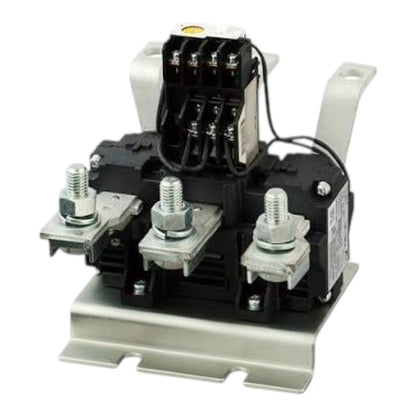 An industrial electrical contactor or relay component with a black main body, silver metal terminal blocks and busbar, and white plastic handles, shown on a plain white background.