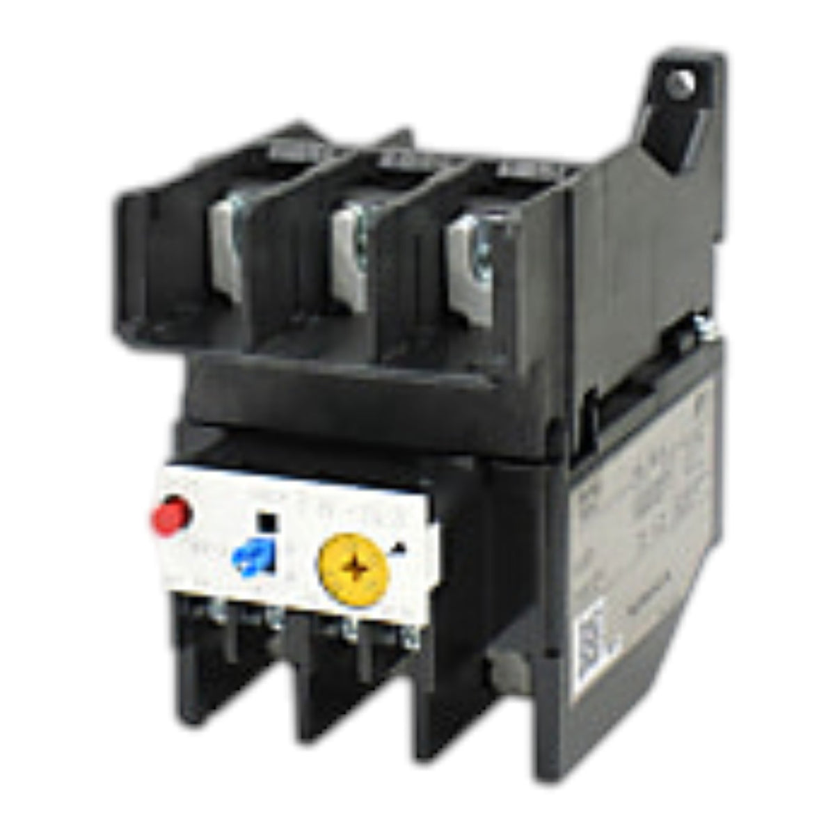 A black plastic thermal overload relay or contactor component with metal terminals, a white front panel with red, blue, and yellow buttons, and a side label, shown on a plain white background.