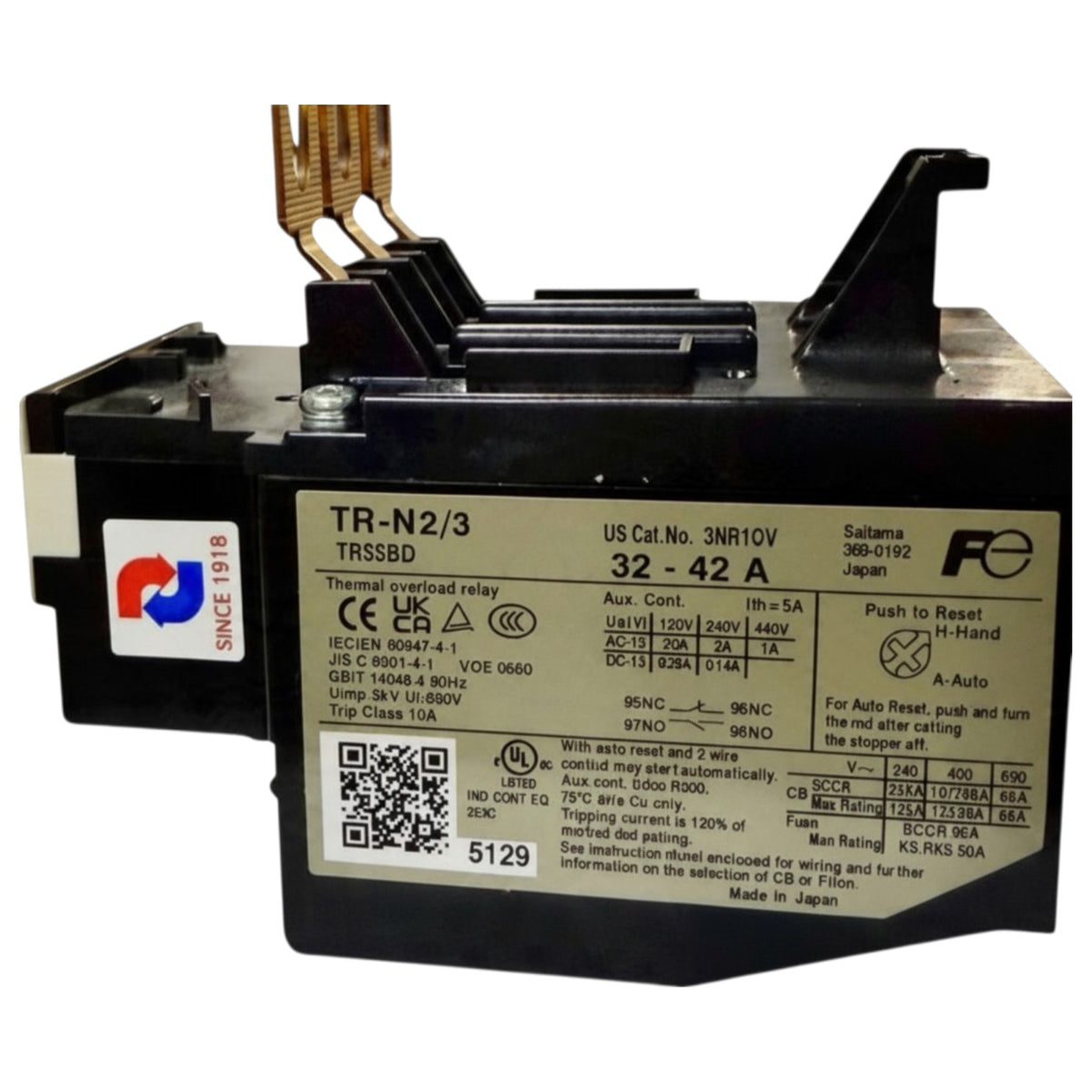 A black industrial thermal overload relay, model TR-N2/3 (TRSSBD), featuring a white technical specification label with safety markings, a red and blue logo sticker, and gold-toned metal contacts at the top, photographed on a white background.