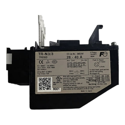 A black electrical contactor or relay component with a large white technical specification label on the front, photographed on a plain white background.