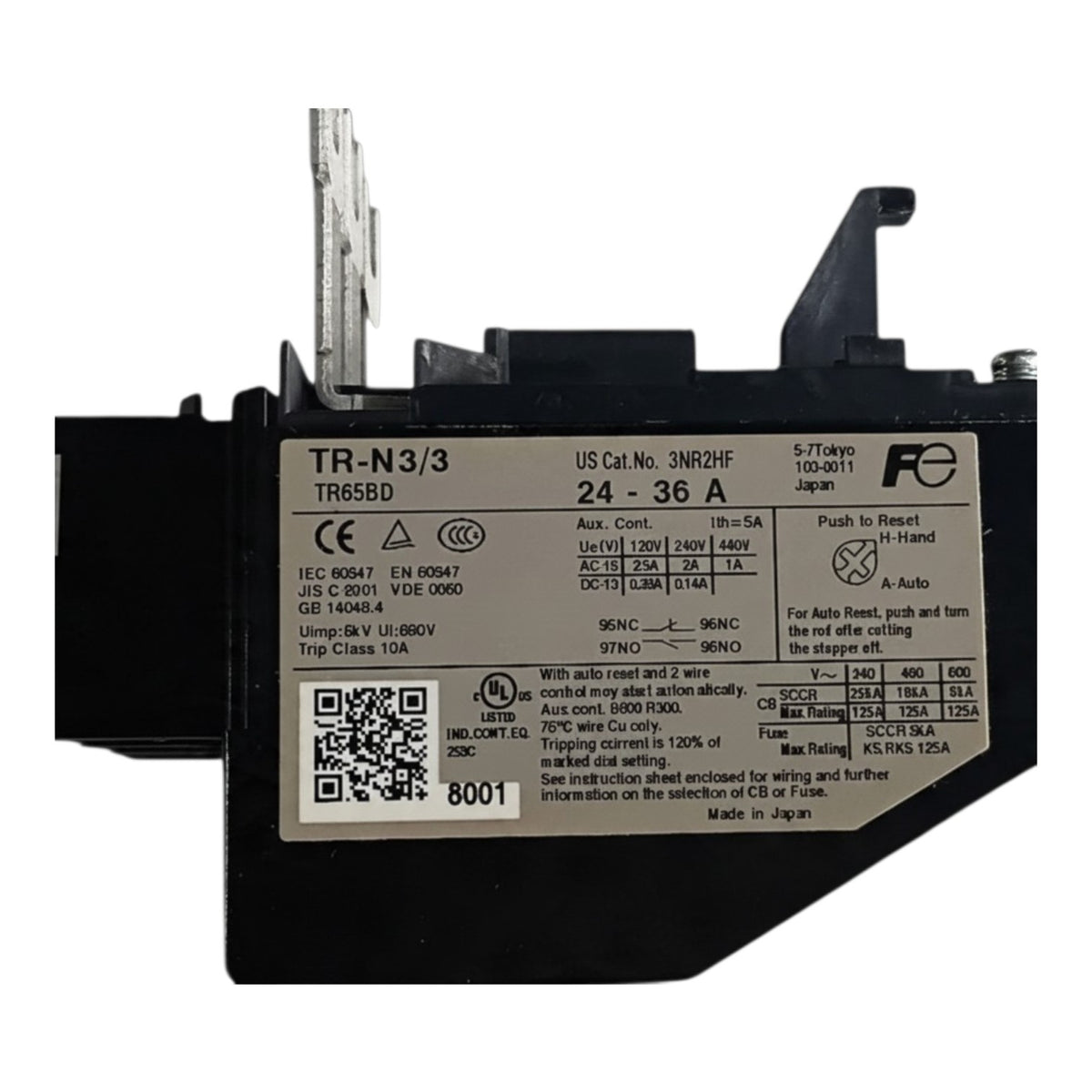 A black industrial electrical contactor relay with a large white specification label, featuring the TR-N-3/3 model number and a prominent FCC logo.