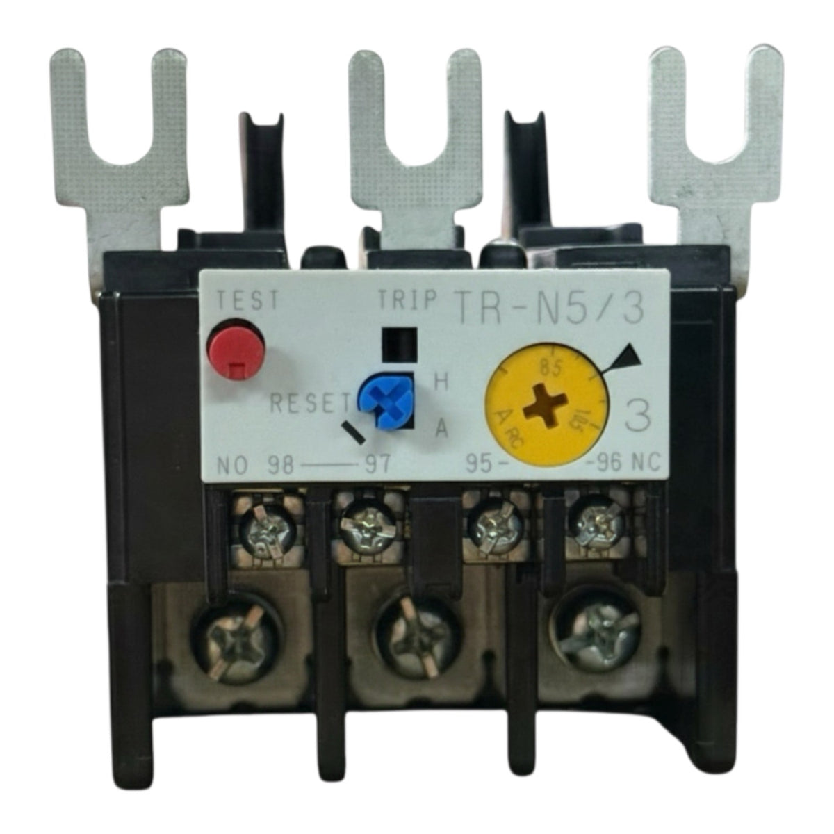 A thermal overload relay, model TR-N5/3, featuring a black plastic housing, silver metal terminal bars, a white control panel with red, blue, and yellow markings, and three main input terminals on the front.