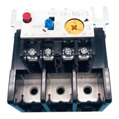 A three-phase thermal overload relay, model TR-N5/3, featuring a white top carrier plate with a red reset button, blue trip switch, and yellow dial, mounted on a black plastic base.