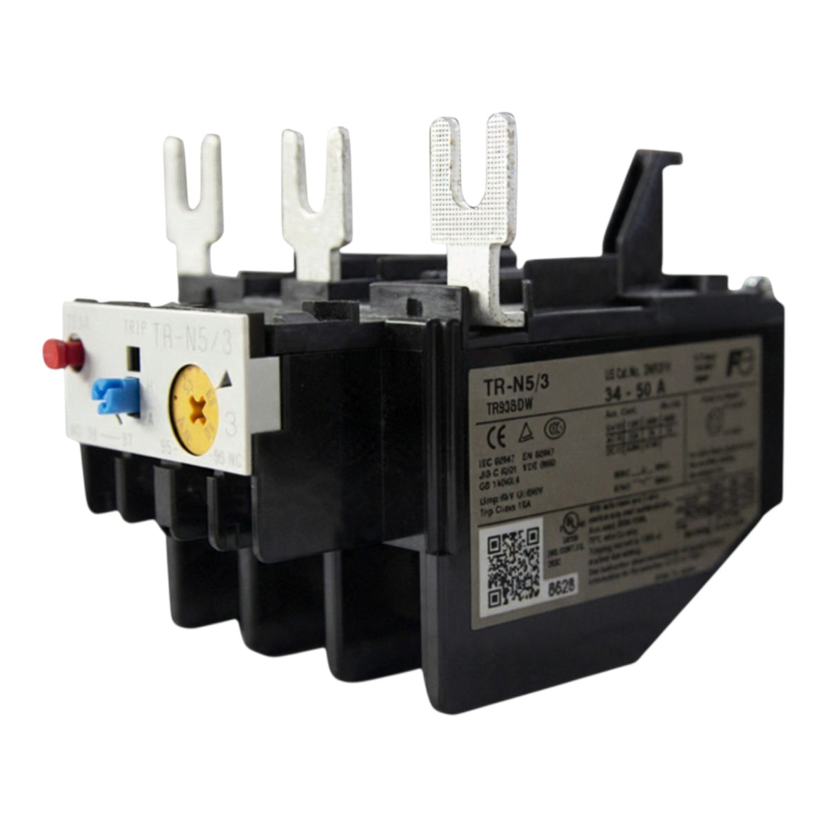 A black and white thermal overload relay electrical component with silver terminal posts, a red and blue screw terminal, and a yellow circular detail, shown on a white background.