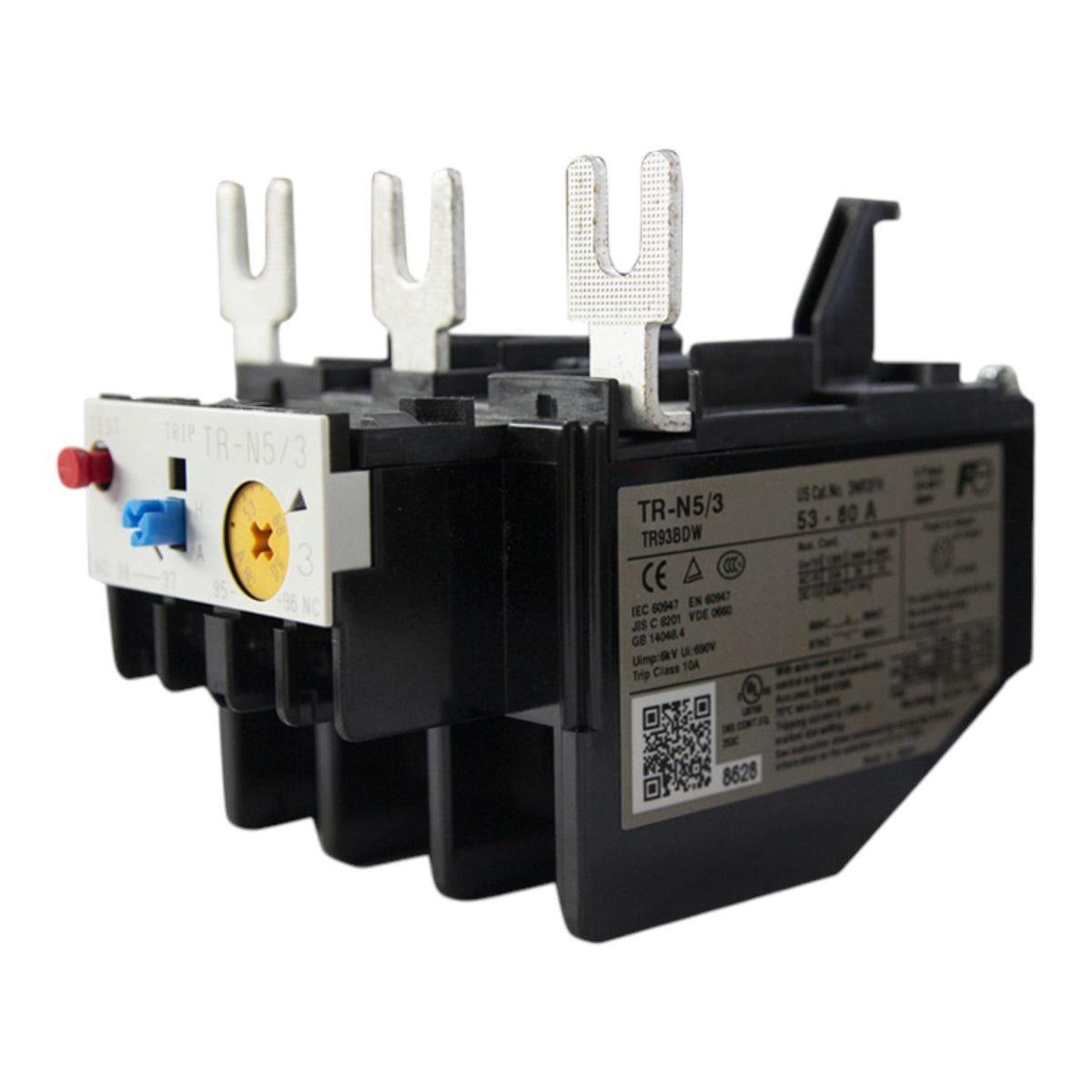 A black industrial thermal overload relay with silver metal terminal posts, a white terminal block with red and blue screws, and a printed technical specification label on the side.