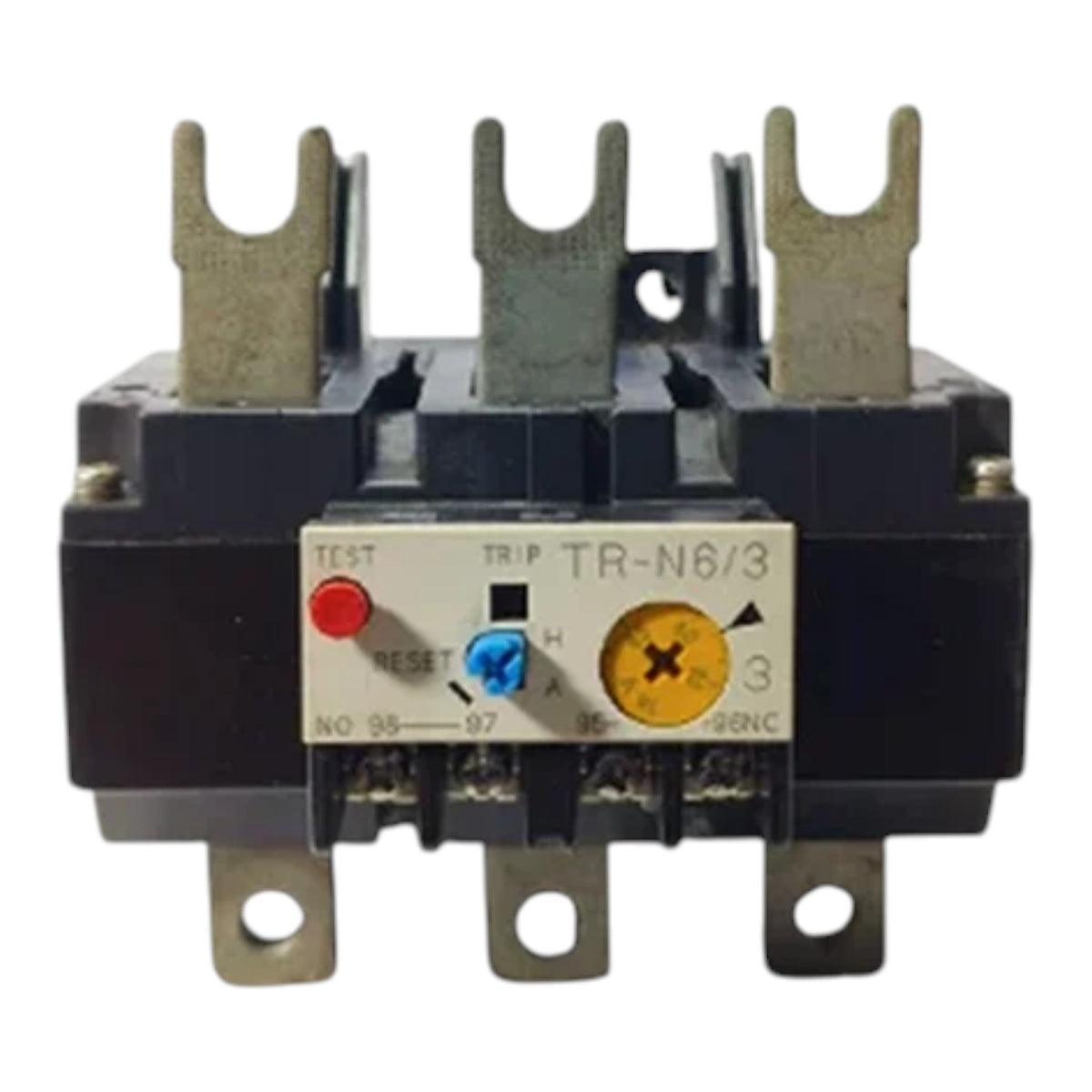 A black and gray electrical contactor with a front control panel labeled TR-N6/3, featuring metal terminal bars and a red test button.