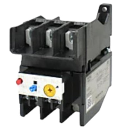 A black plastic thermal overload relay with three metal terminals on top, a white front label with red, blue, and yellow markings, and a mounting tab on the side, shown against a plain white background.