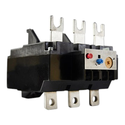 A black plastic thermal overload relay with silver metal terminals and a small control panel on the side, shown against a plain white background.